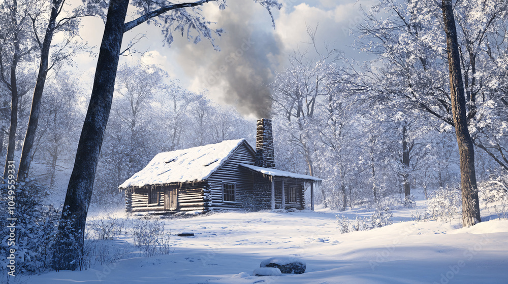 Snow-covered cabin in the woods with smoke coming from the chimney Snow-covered cabin in the woods with smoke coming from the chimney