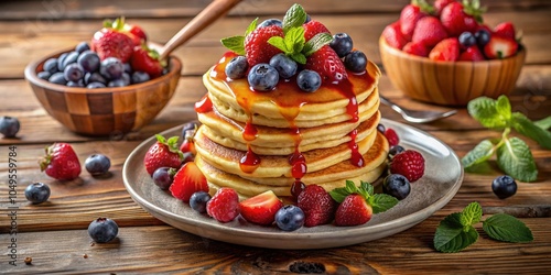 Delicious Mixed Berries Pancakes Stacked High with Maple Syrup and Fresh Fruit | Breakfast Delight