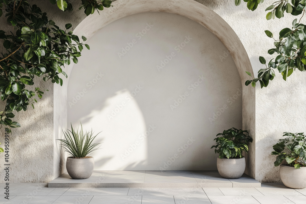 Gray curved wall with potted plants Gray curved wall with potted plants