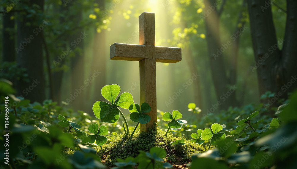 Wooden Cross with Shamrocks in Mystical Forest Light with Divine Rays Against Natural Green Background Wooden Cross with Shamrocks in Mystical Forest Light with Divine Rays Against Natural Green Background
