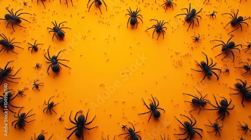 3D spiders crawl, 3D top view. Orange background. Scary, creepy. Halloween concept.