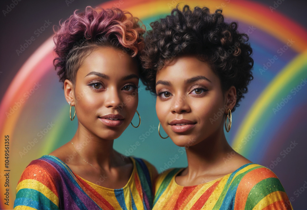 Obraz premium closeup portrait of two fashionable joyful black woman with short haircut and rainbow hair in rainbow dress on pure rainbow background cinematic light