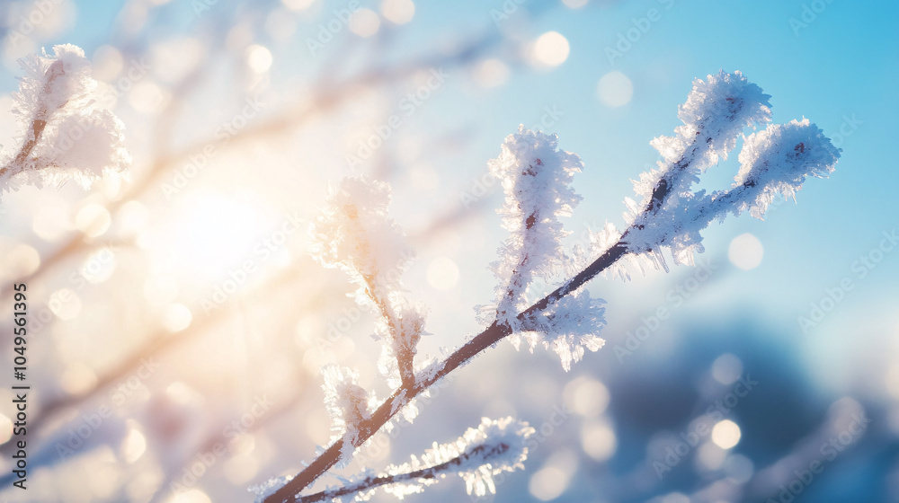 Frosted branches sparkling in the sunlight against a blue winter sky Frosted branches sparkling in the sunlight against a blue winter sky