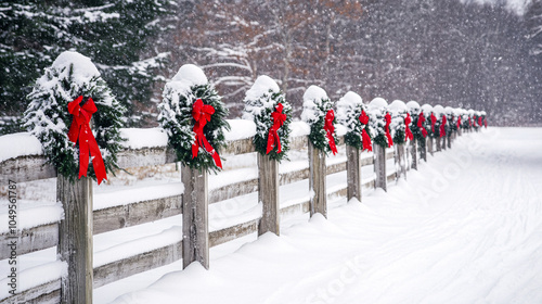 Snow-covered fence with holiday wreaths hanging on each post photo