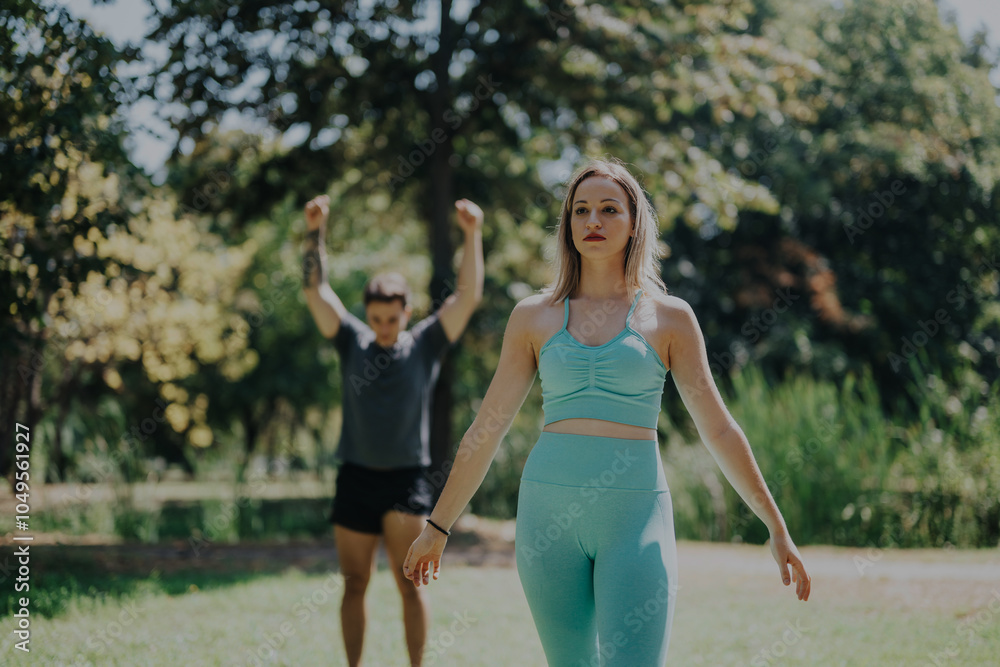 A serene moment captured as two friends engage in fitness activities in a park, highlighting relaxation, friendship, and the tranquility of outdoor exercise. A serene moment captured as two friends engage in fitness activities in a park, highlighting relaxation, friendship, and the tranquility of outdoor exercise.