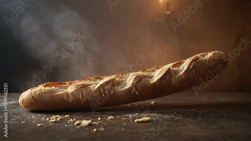 Fresh French baguette, loaf on a black stone background. Generative AI.