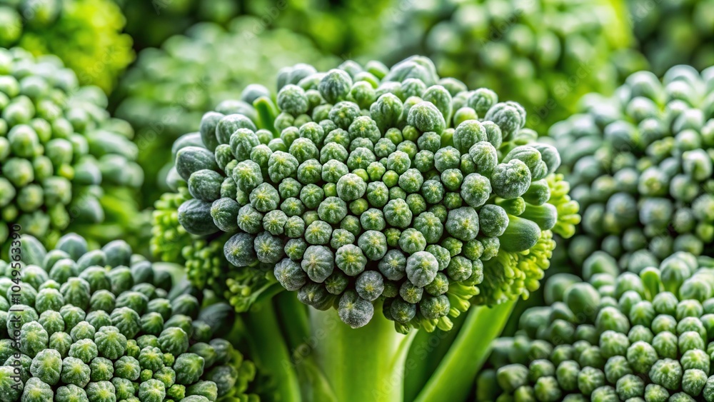 Close-up of broccoli buds with tightly closed florets and delicate white tips, plant, food, foliage, close-up Close-up of broccoli buds with tightly closed florets and delicate white tips, plant, food, foliage, close-up