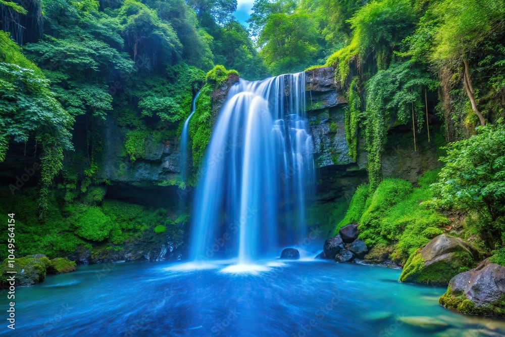 Obraz premium Blue dripping waterfalls down a stone cliffside, with lush green foliage in the background, natural wonder, geological process, turquoise, landscape