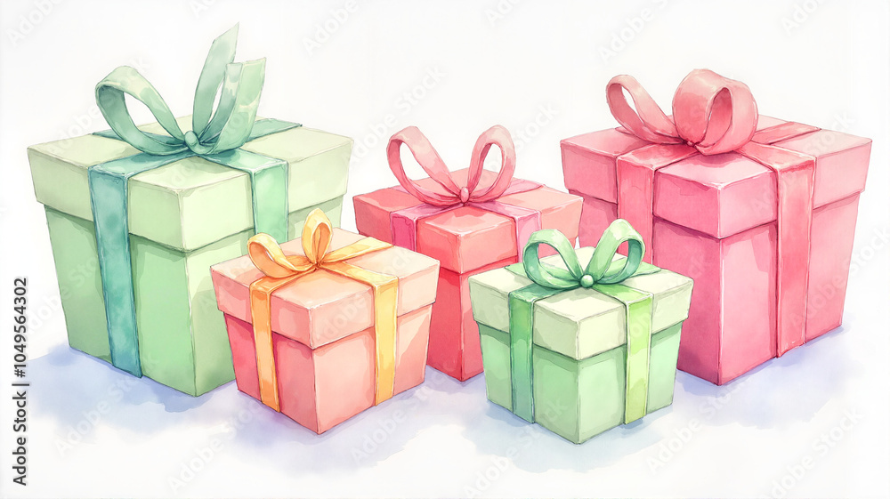 Fototapeta premium Watercolor Christmas gifts in soft pastel colors