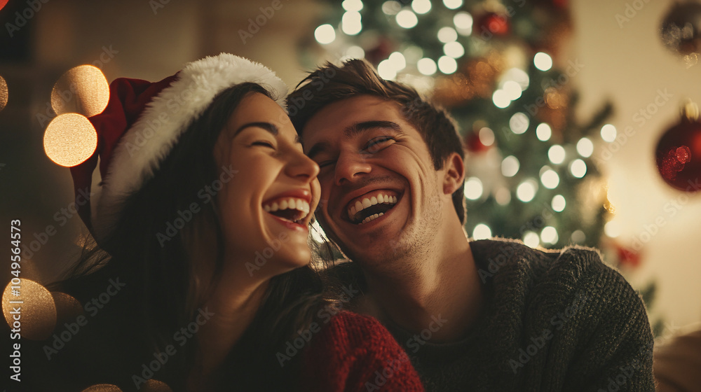 Couple sharing a laugh while decorating their home for the holidays Couple sharing a laugh while decorating their home for the holidays