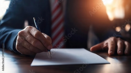 Close-up of voter placing ballot in mail, hands in focus, patriotic tone, democratic process highlighted, civic responsibility concept, , photo