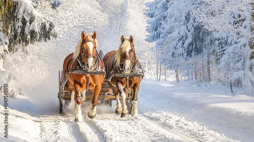 Sleigh ride through a snow-covered path with horses pulling a wooden sleigh