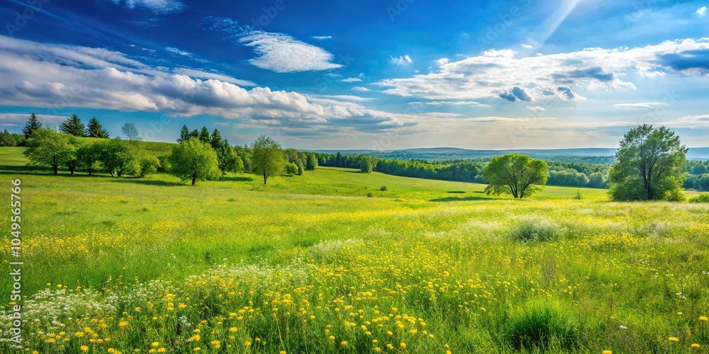 Fototapeta premium A vast, untouched expanse of green grass stretches out to the horizon, punctuated by the occasional wildflower or tree, on a warm and sunny day, trees, sky, open fields, sunlight