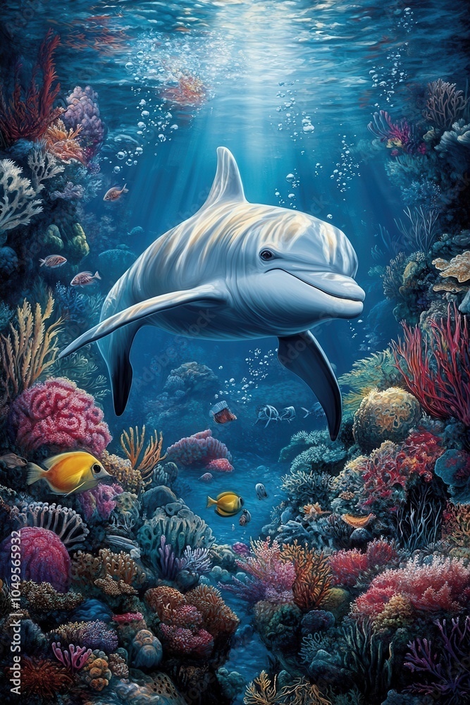 Fototapeta premium A vibrant underwater scene featuring a playful dolphin swimming among colorful coral reefs and tropical fish.