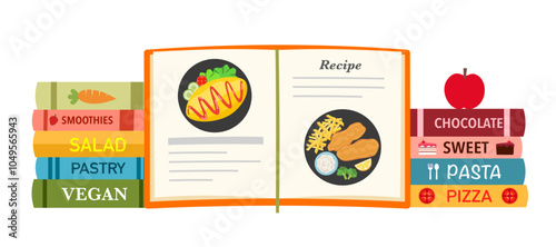 Opening cook book, recipe book. Shelf with books about cooking, food and drinks. Banner for library, bookstore, book shop. vector illustration in flat design.