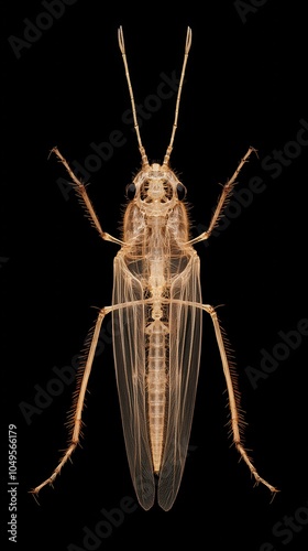 Close-up of a translucent insect showcasing intricate wing patterns and body structure against a black background. photo