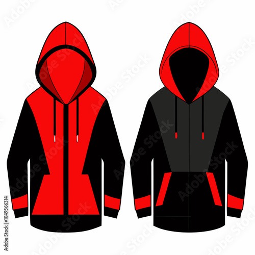 Realistic black and red hoodies silhouette vector illustration on white background