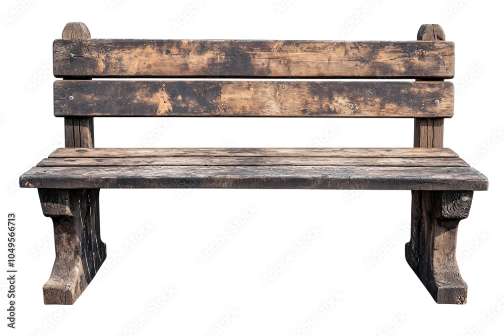 A rustic wooden bench with a weathered finish, set against a transparent background, showcasing its aged texture and sturdy design. A rustic wooden bench with a weathered finish, set against a transparent background, showcasing its aged texture and sturdy design.