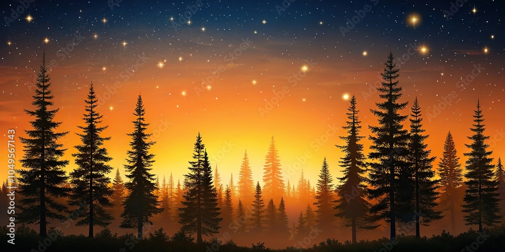 A serene forest landscape at dusk with tall trees silhouetted against a warm orange sky and a few stars beginning to twinkle in the darkness, outdoors, natural, sky, dusk A serene forest landscape at dusk with tall trees silhouetted against a warm orange sky and a few stars beginning to twinkle in the darkness, outdoors, natural, sky, dusk