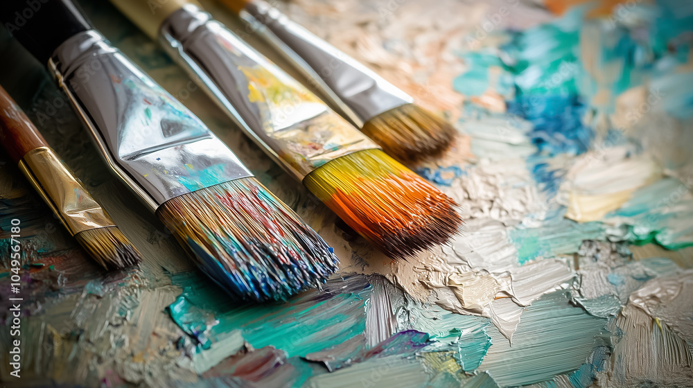 Fototapeta premium Various artist's brushes are arranged on a vibrant paint palette showcasing a spectrum of colors and textures