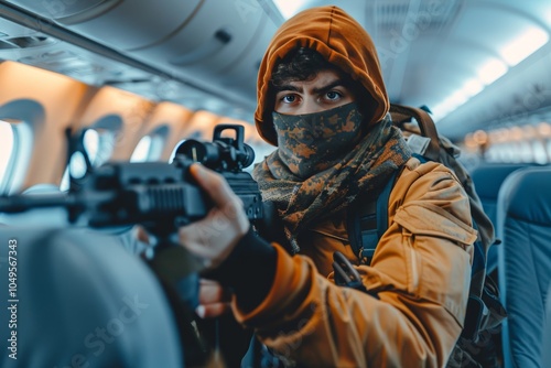 Terrorist Wearing Camouflage And Holding Assault Rifle Hijacks Plane, Air Travel Safety Concept