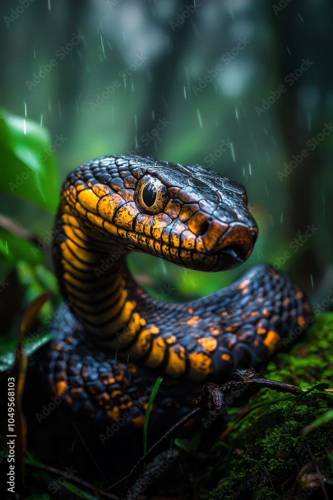 A vibrant snake with striking yellow and black patterns nestled among lush greenery in a rainy forest setting. A vibrant snake with striking yellow and black patterns nestled among lush greenery in a rainy forest setting.