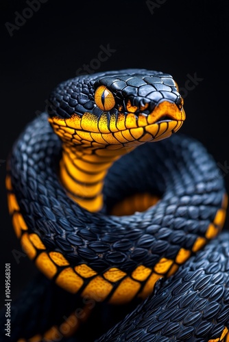 A striking close-up of a textured snake with vibrant yellow and black scales on a dark background.