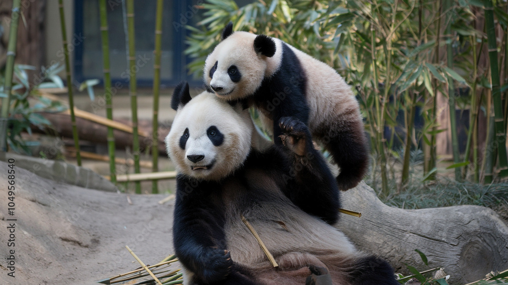 Two Pandas Playing in Bamboo Forest Two Pandas Playing in Bamboo Forest