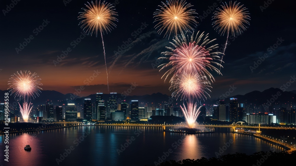 Fireworks display over a cityscape at night, reflecting in the water. Fireworks display over a cityscape at night, reflecting in the water.