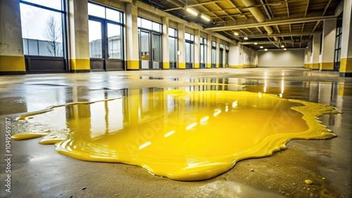 A large yellow puddle on a wet floor with dripping slime forming a small pool at its center, viscous, floor