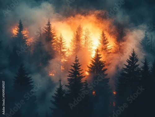 Wildfire Devastation in Forest, thick smoke rising, charred trees, ash-filled air, nature's fury on display, haunting landscape photo