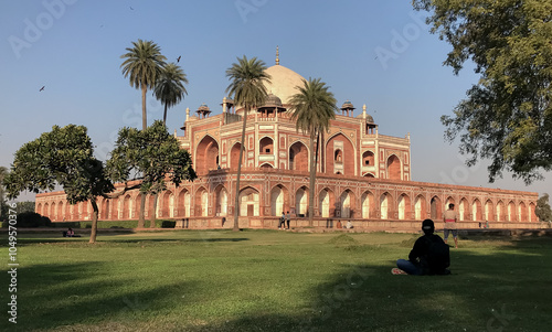 Humayu's tomb landscape shot with clear blue sky photo