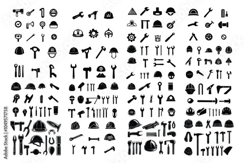 Comprehensive Collection of Construction and Tool Icons: Wrenches, Hammers, Helmets, and More