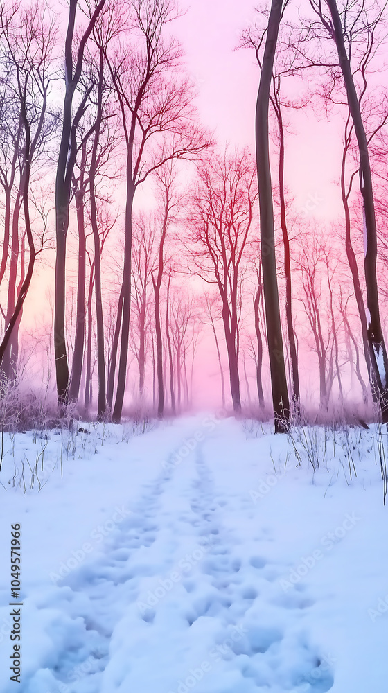 serene winter landscape featuring tall, bare trees against pastel sky at dawn. snow covered path invites exploration, creating tranquil and peaceful atmosphere serene winter landscape featuring tall, bare trees against pastel sky at dawn. snow covered path invites exploration, creating tranquil and peaceful atmosphere