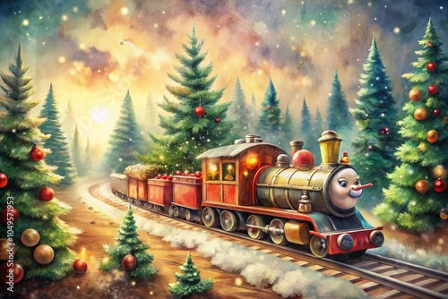 Festive Train Set with Fir Trees and Santa Claus in Watercolor Style - Holiday Bokeh Background photo