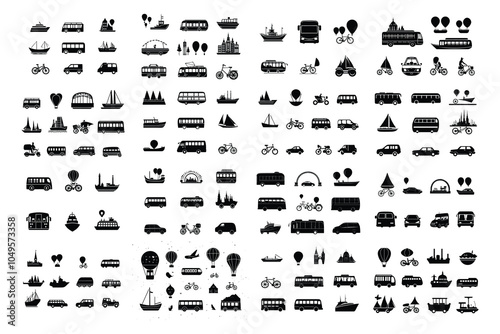Collection of Transportation and Travel Icons: Cars, Buses, Boats, Bicycles, and Balloons