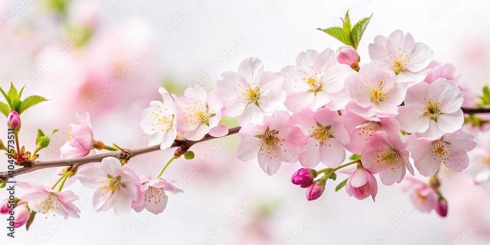 Obraz premium A delicate cherry blossom branch with soft pink petals and green leaves against a white background, blossoms, serene, garden, nature