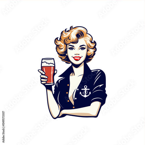 pinup girl as marine us navy seal illustration hold glass of beer