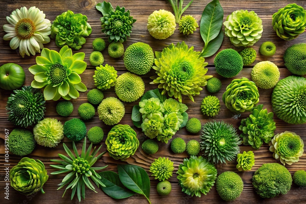 Fototapeta premium A collection of vibrant green flowers arranged in a beautiful floral pattern on a wooden table, showcasing the beauty and diversity of botanicals, floral pattern, garland, home decor, flowers