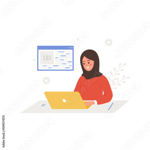 Lsi keyword generation. Latent Semantic Indexing. Key phrases generator. Vector illustration in cartoon style. Arabian female character with laptop is engaged and word search optimization.