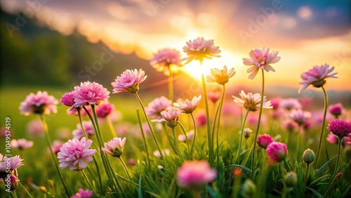 A cluster of delicate pink flowers blooming in a lush green meadow at sunset, soft, garden, spring, idyllic