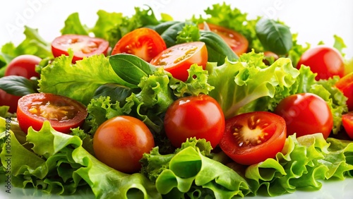 Fresh Green Salad with Tomatoes and Vibrant Vegetables on White Background for Healthy Eating and Nutrition Focus