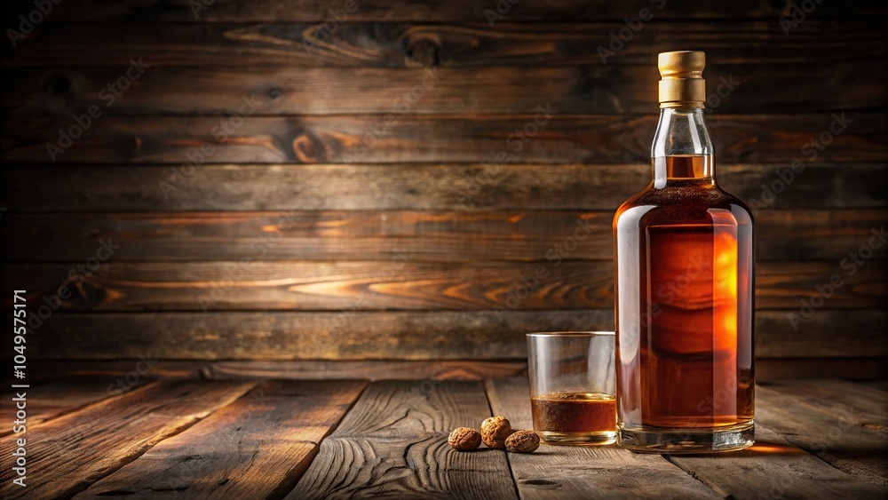 A close-up of a whiskey bottle with a vintage label and a cork stopper on a dark wooden table, whiskey, wooden, home bar