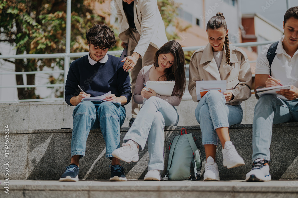 Fototapeta premium A group of high school students working on academic tasks with their teacher's help outdoors. The scene captures learning, collaboration, and youthful energy in a casual setting.