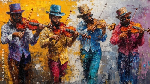 Create a picture of 3 musicians jazz , violinist, saxophonist, trumpetist , oil paint cool and vibrant color with full body with abstract style wall art. photo