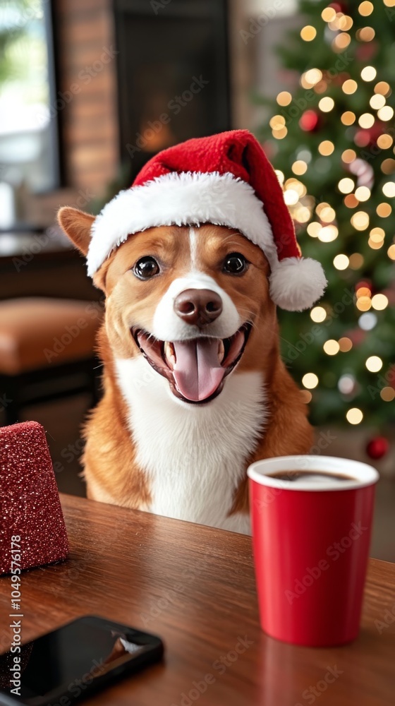 Happy Dog in Santa Hat with Coffee and Christmas Tree Happy Dog in Santa Hat with Coffee and Christmas Tree