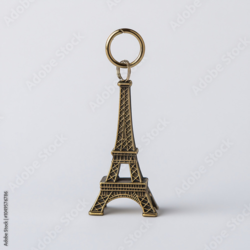 eiffel tower keychain on white background gold tone metal