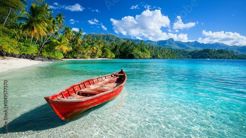 Red wooden boat on tropical beach with crystal clear turquoise water a perfect tropical escape
