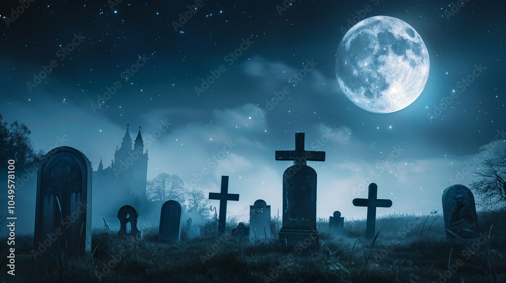 A graveyard with a large moon in the sky. The moon is casting a shadow over the graves A graveyard with a large moon in the sky. The moon is casting a shadow over the graves