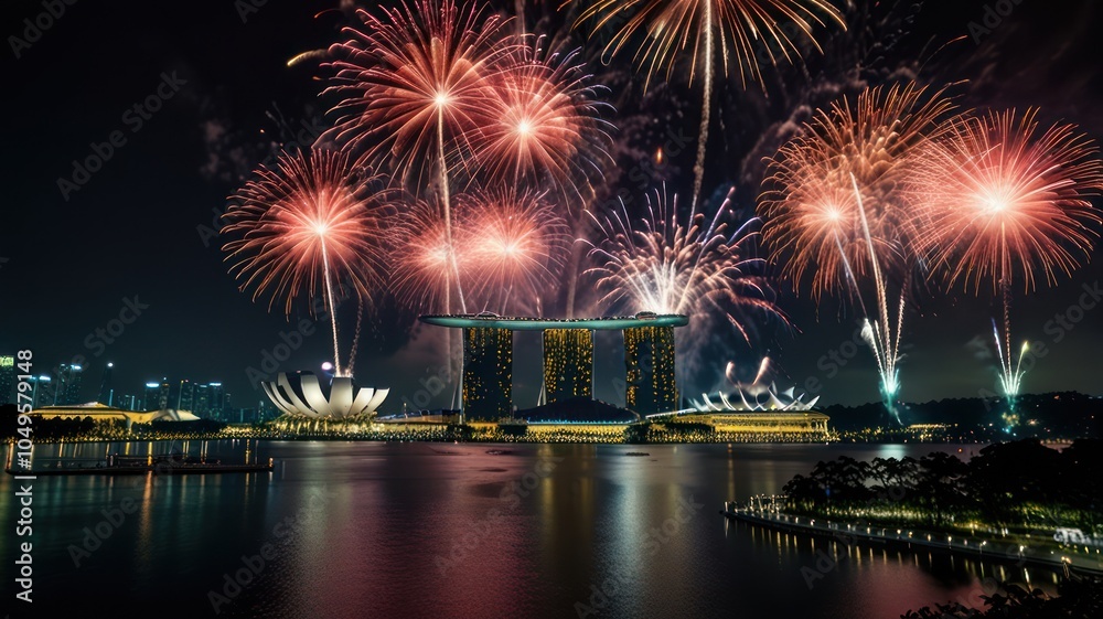 A vibrant fireworks display explodes over a modern cityscape with a reflecting pool. A vibrant fireworks display explodes over a modern cityscape with a reflecting pool.